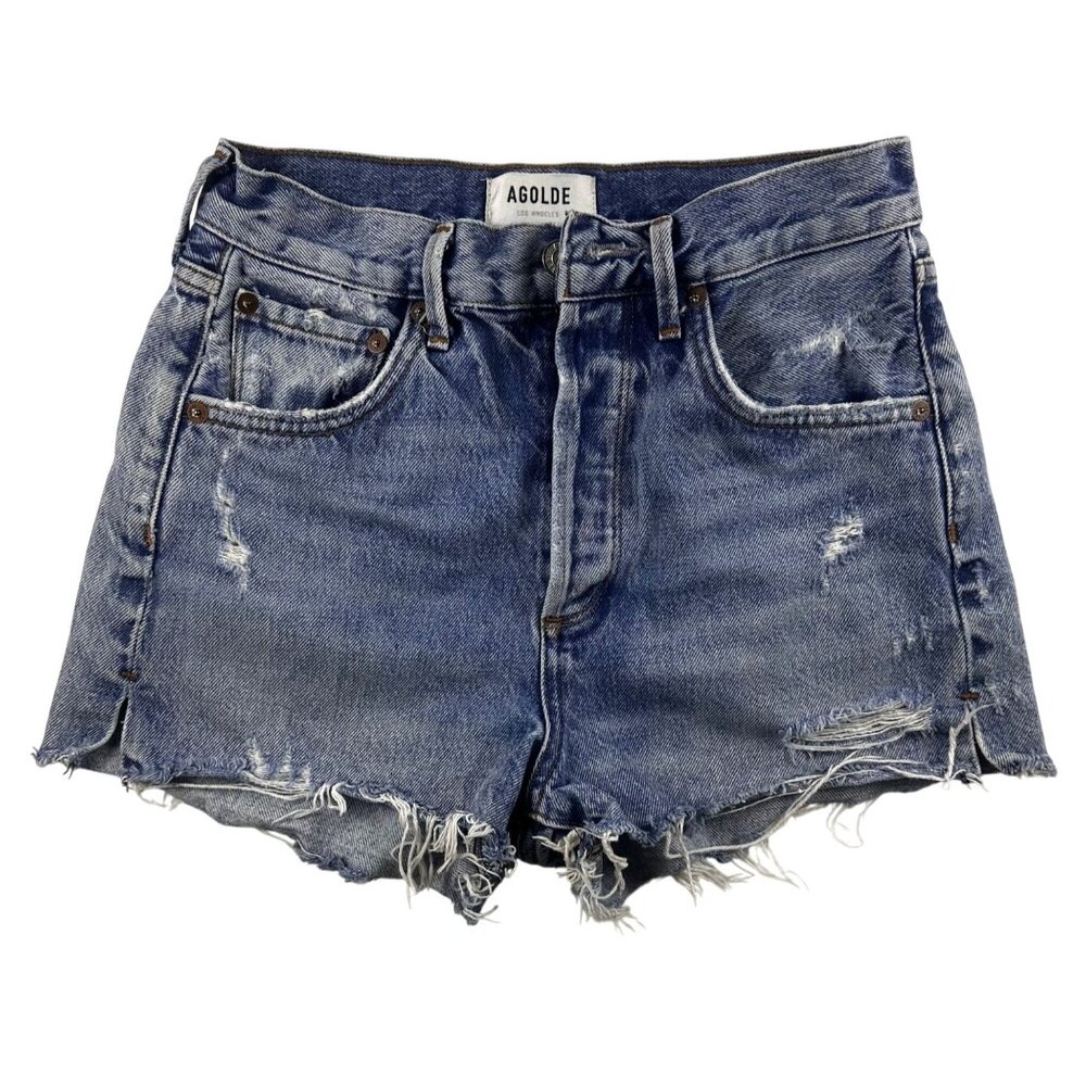 AGOLDE Denim Cutoff Shorts Womens 24 Blue High Rise Button Fly Distressed - Picture 9 of 9